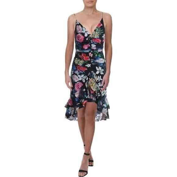 Aidan Printed Burnout Cocktail Dress In Black Multi Size 2 Floral Ruffle Hi Low - Picture 1 of 11